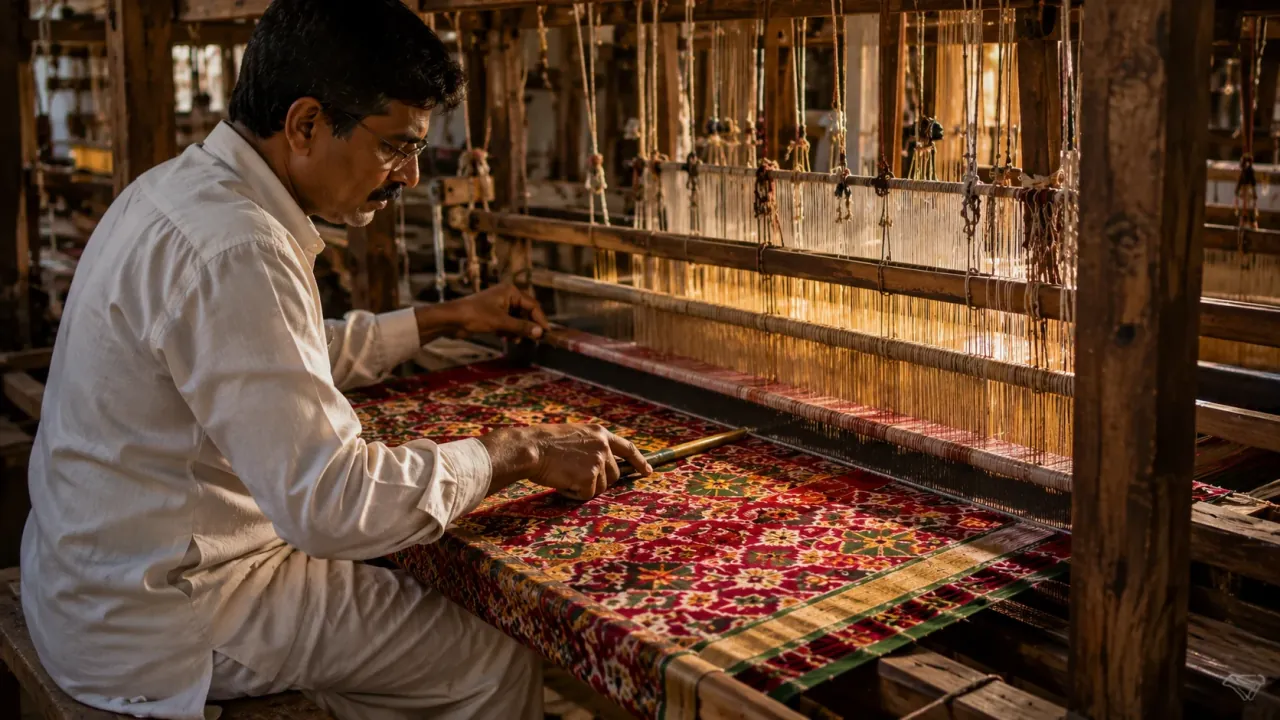Artisan weaving Patan Patola double ikat